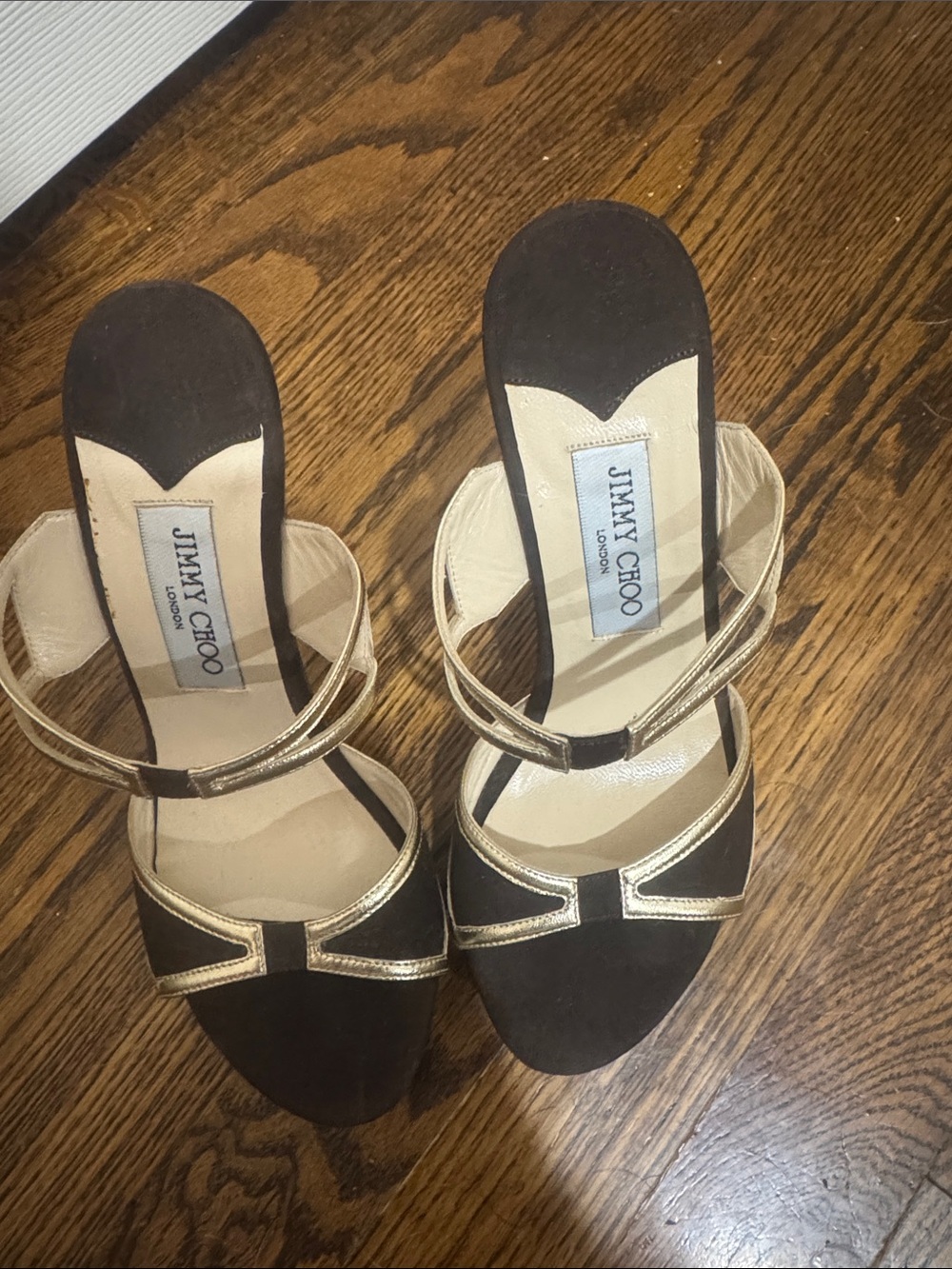 Jimmy Choo/Dark Brown Suede 4” Wooden Heels/Mules/Gold Open-Toe Straps/Gold/NWOT